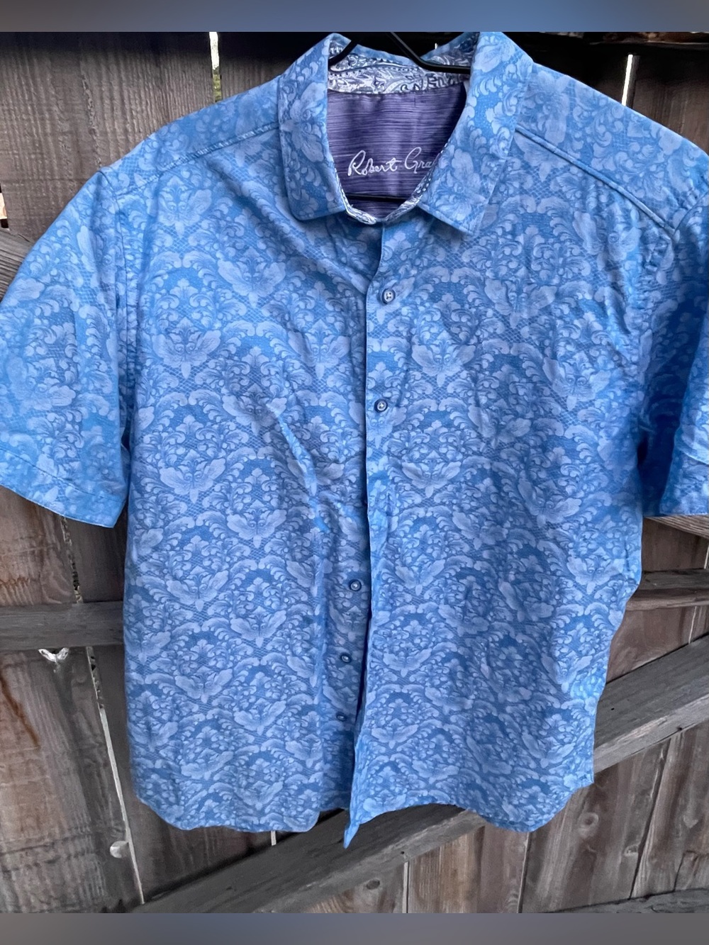 Robert Graham Bayview Blue Damask Floral Cotton Short Sleeve Button Down Shirt L